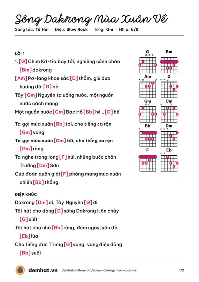 Hợp âm Sông Dakrong Mùa Xuân Về (Trọng Tấn) – bản nhạc PDF trang 1, tông Gm