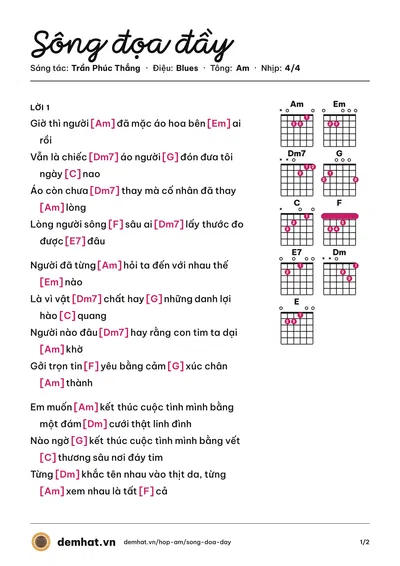 Hợp âm Sông đọa đầy (Vũ Tuấn Khang) – bản nhạc PDF trang 1, tông Am
