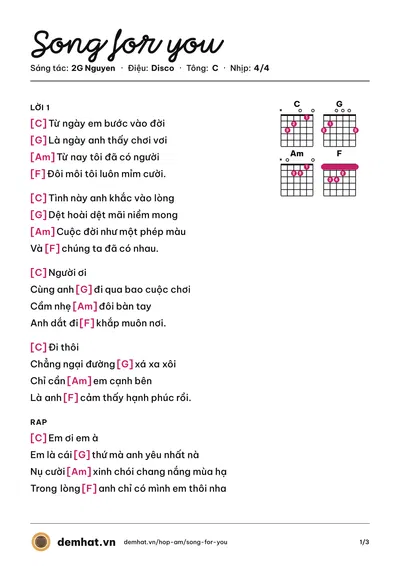 Hợp âm Song for you (2G Nguyen) – bản nhạc PDF trang 1, tông C