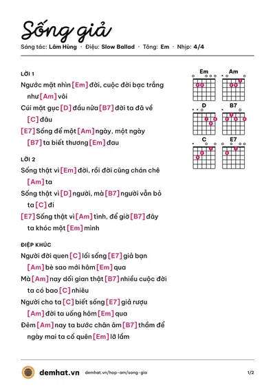 Hợp âm Sống giả (Lâm Hùng) – bản nhạc PDF trang 1, tông Em