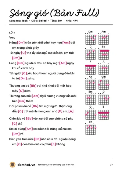 Hợp âm Sóng gió (Bản Full) (Jack) – bản nhạc PDF trang 1, tông Dm