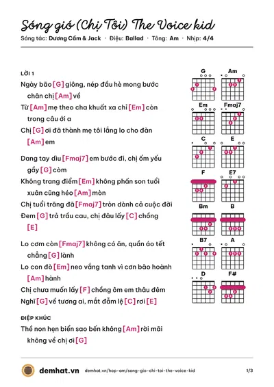Hợp âm Sóng gió (Chị Tôi) The Voice kid (Chấn Quốc) – bản nhạc PDF trang 1, tông Am
