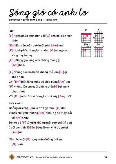 Hợp âm Sóng gió có anh lo (Vương Thiên Tuấn) – bản nhạc PDF trang 1, tông Am