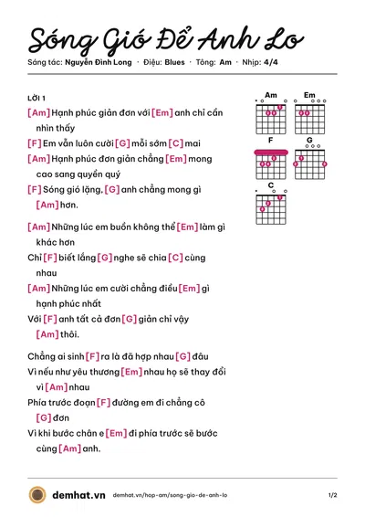 Hợp âm Sóng Gió Để Anh Lo (Doll Phan Hiếu) – bản nhạc PDF trang 1, tông Am