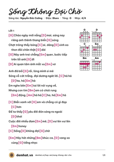 Hợp âm Sống Không Đợi Chờ (Văn Mai Hương) – bản nhạc PDF trang 1, tông G