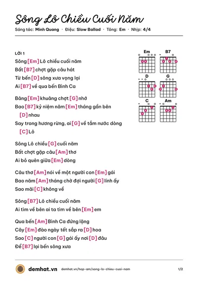 Hợp âm Sông Lô Chiều Cuối Năm (Trọng Tấn) – bản nhạc PDF trang 1, tông Em