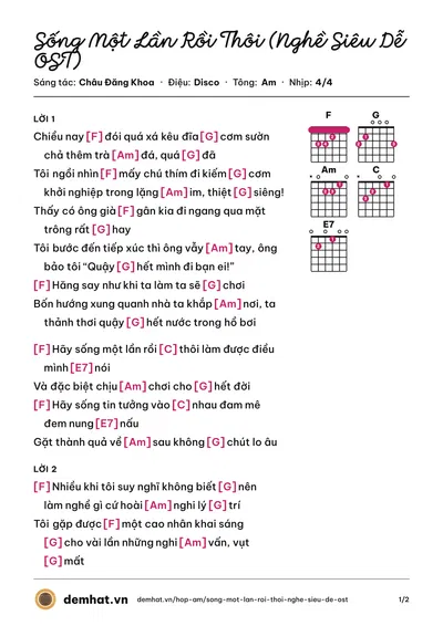 Hợp âm Sống Một Lần Rồi Thôi (Nghề Siêu Dễ OST) (Đinh Tuấn Khanh) – bản nhạc PDF trang 1, tông Am