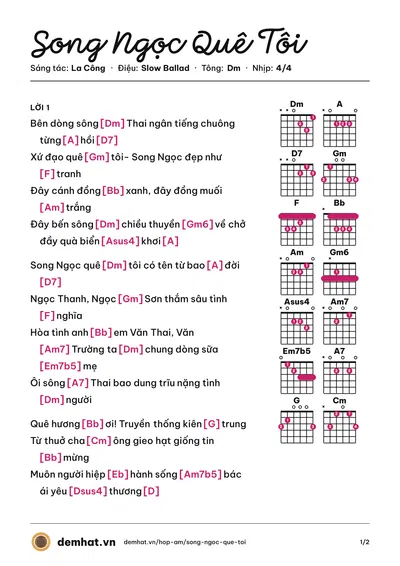 Hợp âm Song Ngọc Quê Tôi (Quốc Trịnh) – bản nhạc PDF trang 1, tông Dm