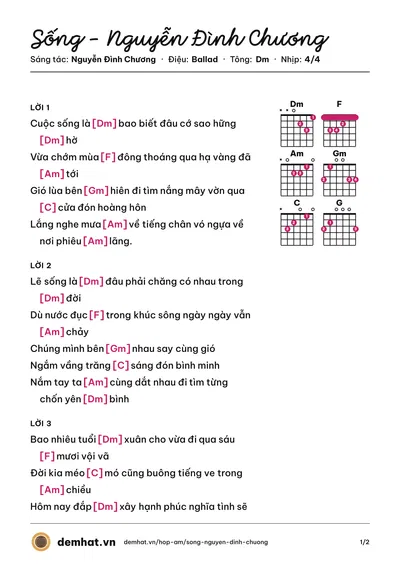 Hợp âm Sống - Nguyễn Đình Chương (Nguyễn Đình Chương) – bản nhạc PDF trang 1, tông Dm
