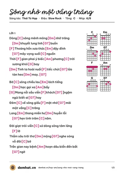 Hợp âm Sông nhớ một vầng trăng (Diệu Hiền) – bản nhạc PDF trang 1, tông C