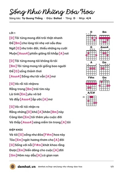 Hợp âm Sống Như Những Đóa Hoa (Tạ Quang Thắng) – bản nhạc PDF trang 1, tông D