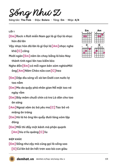 Hợp âm Sống Như Z (The Flob) – bản nhạc PDF trang 1, tông Em