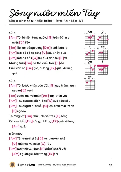 Hợp âm Sông nước miền Tây (Hàn Châu) – bản nhạc PDF trang 1, tông Am