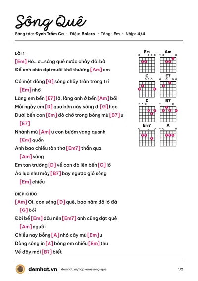 Hợp âm Sông Quê (Cẩm Ly) – bản nhạc PDF trang 1, tông Em