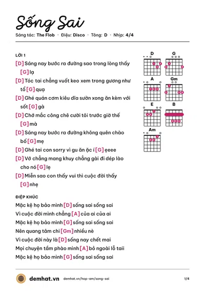 Hợp âm Sống Sai (The Flob) – bản nhạc PDF trang 1, tông D