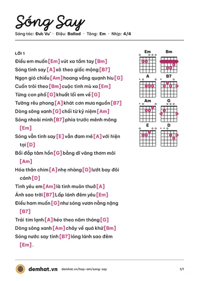 Hợp âm Sóng Say (Đức Vũ) – bản nhạc PDF trang 1, tông Em
