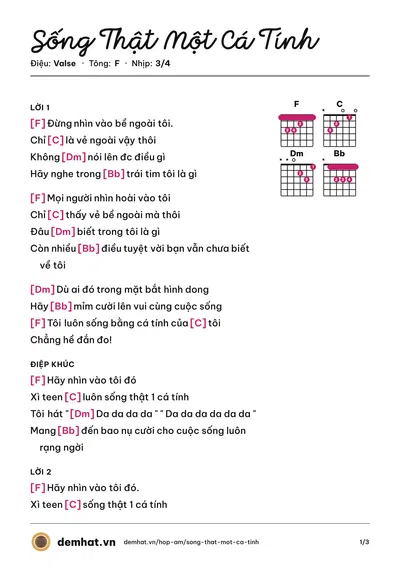 Hợp âm Sống Thật Một Cá Tính (Đông Nhi) – bản nhạc PDF trang 1, tông F