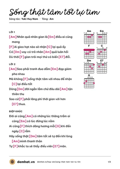 Hợp âm Sống thật tâm tốt tự tìm (Yuki Huy Nam) – bản nhạc PDF trang 1, tông Am