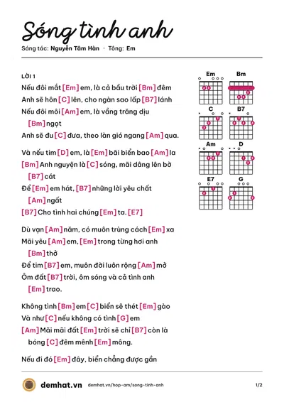 Hợp âm Sóng tình anh (Quốc Duy) – bản nhạc PDF trang 1, tông Em