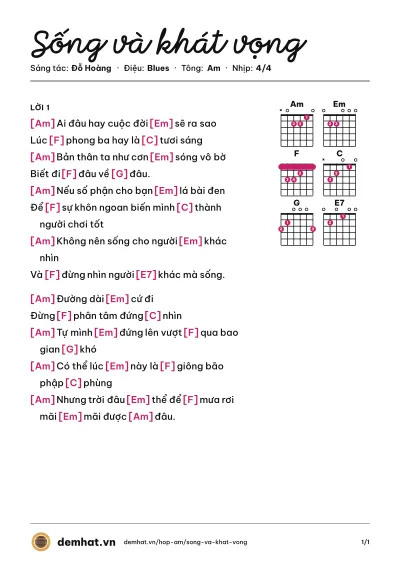 Hợp âm Sống và khát vọng (Đỗ Hoàng) – bản nhạc PDF trang 1, tông Am