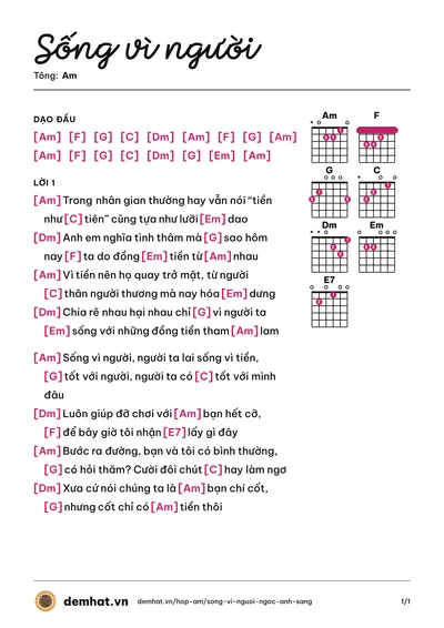 Hợp âm Sống vì người (Ngọc Ánh Sáng) – bản nhạc PDF trang 1, tông Am