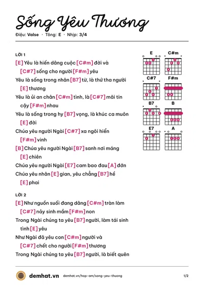 Hợp âm Sống Yêu Thương (Khánh Linh) – bản nhạc PDF trang 1, tông E