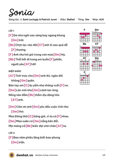 Hợp âm Sonia (Thanh Lan) – bản nhạc PDF trang 1, tông Dm