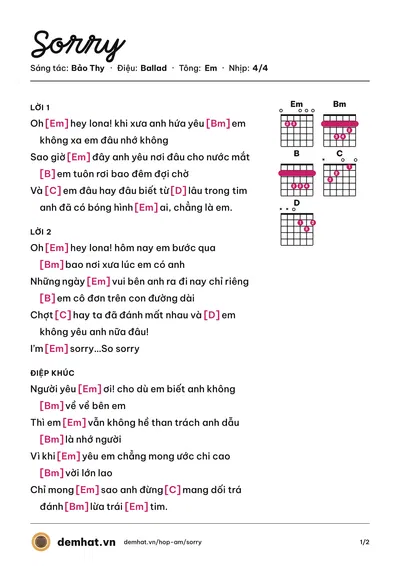 Hợp âm Sorry (Bảo Thy) – bản nhạc PDF trang 1, tông Em