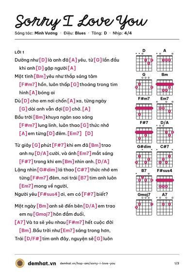 Hợp âm Sorry I Love You (Minh Vương) – bản nhạc PDF trang 1, tông D