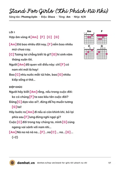 Hợp âm Stand For Girls (Khí Phách Nữ Nhi) (Thanh Thảo) – bản nhạc PDF trang 1, tông Am