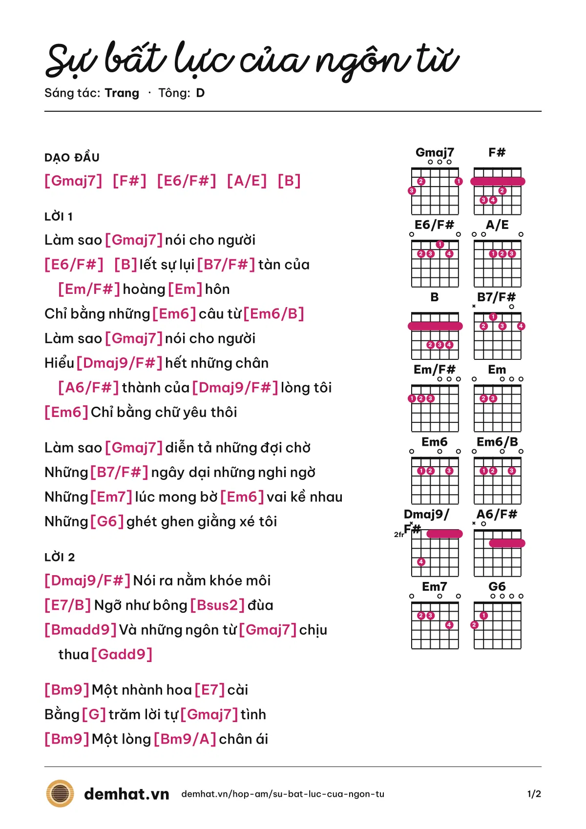Hợp âm Sự bất lực của ngôn từ (Trang) – bản nhạc PDF trang 1, tông D
