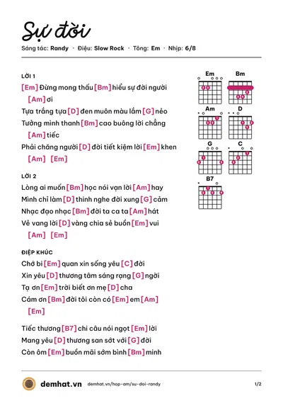 Hợp âm Sự đời (Randy) – bản nhạc PDF trang 1, tông Em