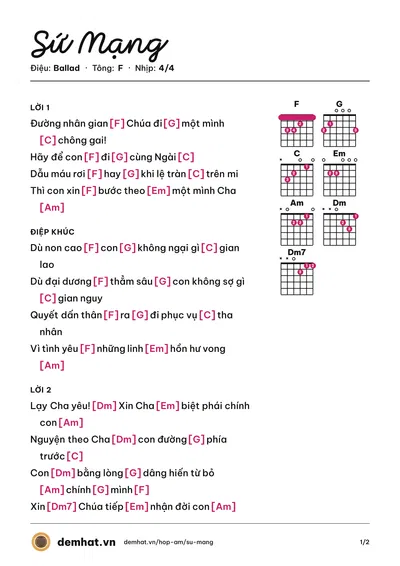 Hợp âm Sứ Mạng (Quân Keyboard) – bản nhạc PDF trang 1, tông F