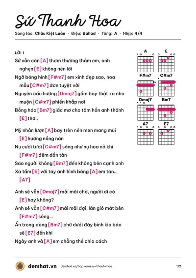 Hợp âm Sứ Thanh Hoa (Trung Hà Lê) – bản nhạc PDF trang 1, tông A
