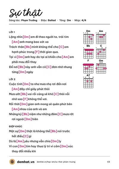 Hợp âm Sự thật (Cảnh Minh) – bản nhạc PDF trang 1, tông Dm
