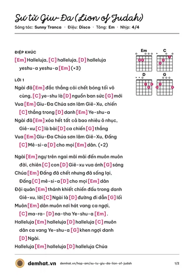 Hợp âm Sư tử Giu-Đa (Lion of Judah) (Sunny Tranca) – bản nhạc PDF trang 1, tông Em