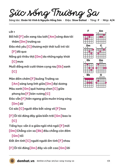 Hợp âm Sức sống Trường Sa (Trang Nhung) – bản nhạc PDF trang 1, tông F