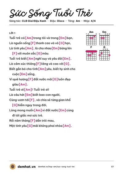 Hợp âm Sức Sống Tuổi Trẻ (CLB Giai Điệu Xanh) – bản nhạc PDF trang 1, tông Am