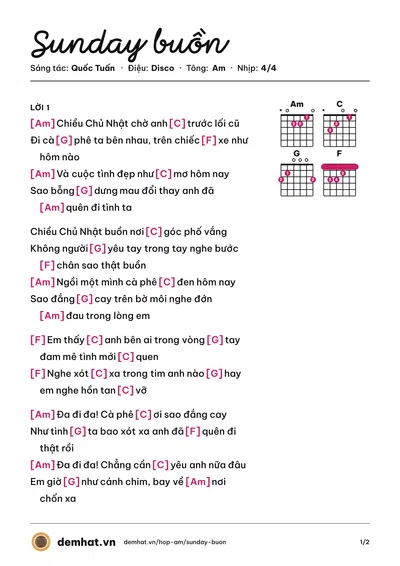 Hợp âm Sunday buồn (Quốc Tuấn) – bản nhạc PDF trang 1, tông Am