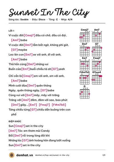 Hợp âm Sunset In The City (Soobin) – bản nhạc PDF trang 1, tông C