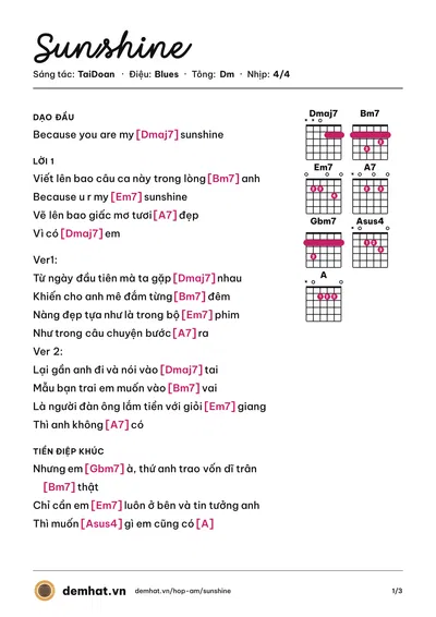 Hợp âm Sunshine (TaiDoan) – bản nhạc PDF trang 1, tông Dm