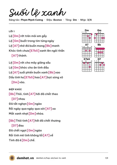 Hợp âm Suối lệ xanh (Tuấn Ngọc) – bản nhạc PDF trang 1, tông Dm