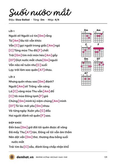 Hợp âm Suối nước mắt (Ngọc Lan) – bản nhạc PDF trang 1, tông Dm