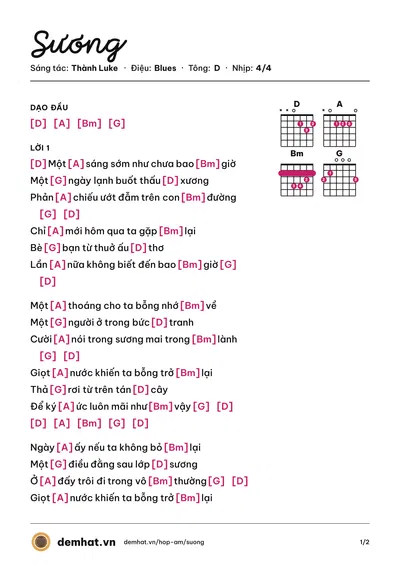 Hợp âm Sương (Thành Luke) – bản nhạc PDF trang 1, tông D