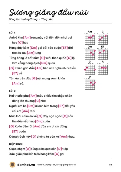 Hợp âm Sương giăng đầu núi (Hằng Phạm) – bản nhạc PDF trang 1, tông Am