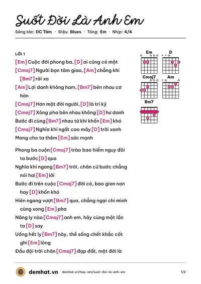 Hợp âm Suốt Đời Là Anh Em (Dương Nhất Linh) – bản nhạc PDF trang 1, tông Em
