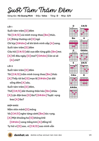 Hợp âm Suốt Tám Trăm Đêm (Ngũ Cung) – bản nhạc PDF trang 1, tông D