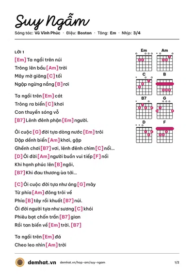 Hợp âm Suy Ngẫm (Sơn Túi Đỏ) – bản nhạc PDF trang 1, tông Em
