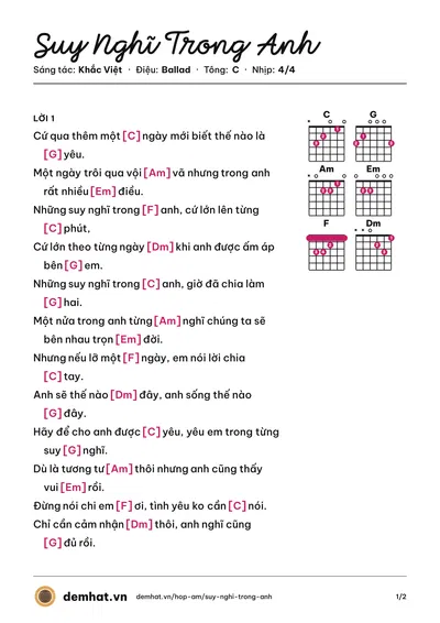 Hợp âm Suy Nghĩ Trong Anh (Nam Cường) – bản nhạc PDF trang 1, tông C