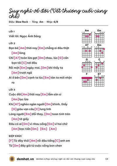 Hợp âm Suy nghĩ về đời (Vết thương cuối cùng chế) (Ngọc Ánh Sáng) – bản nhạc PDF trang 1, tông Am